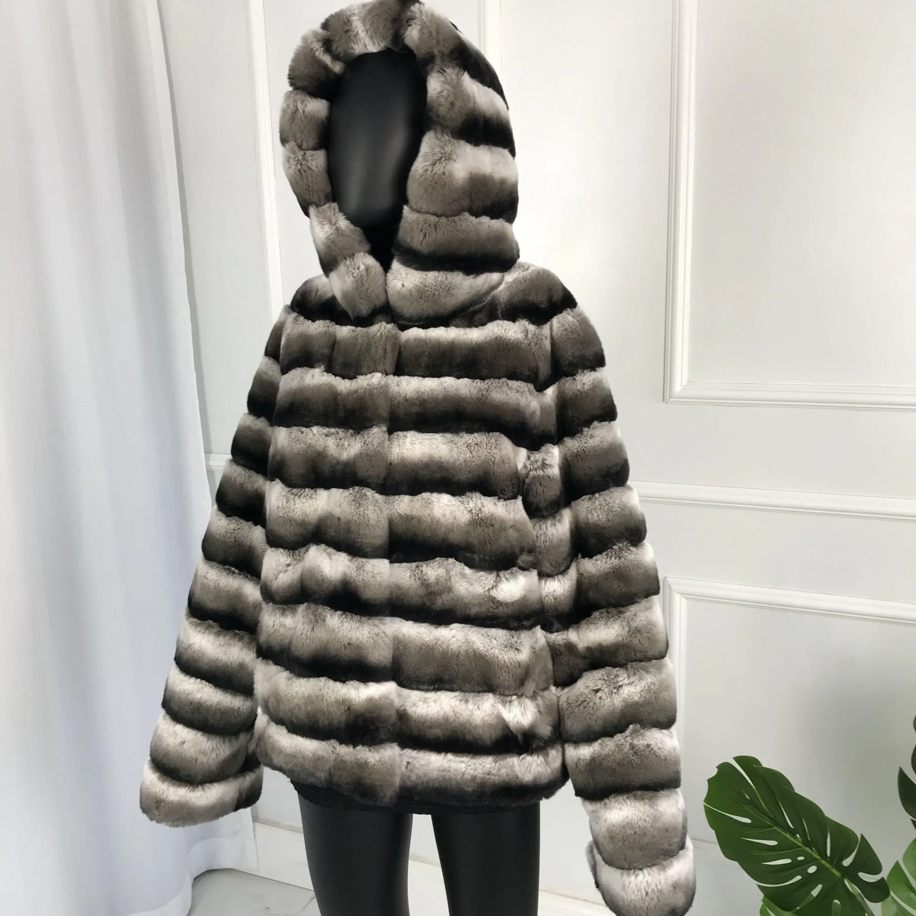 

Striped Rex Rabbit Fur Coat Jacket Women Winter Thick Warm With Hood Chinchilla Colored Overcoat