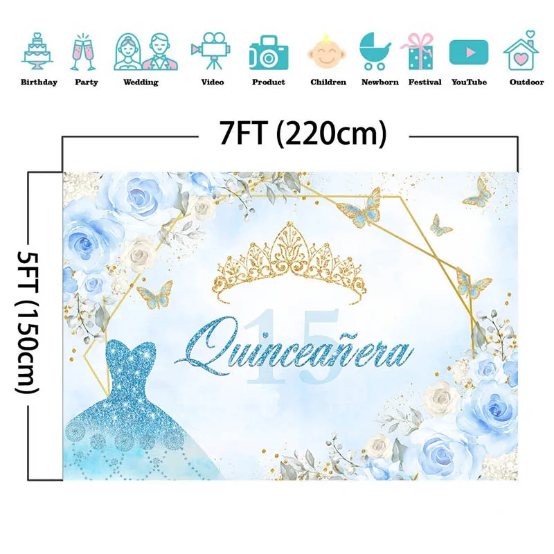 Quinceanera 15 16th Princess Birthday Party Backdrops Sweet Girl Dress Flowers Glitter Crown Decor Props Photo Booth Background