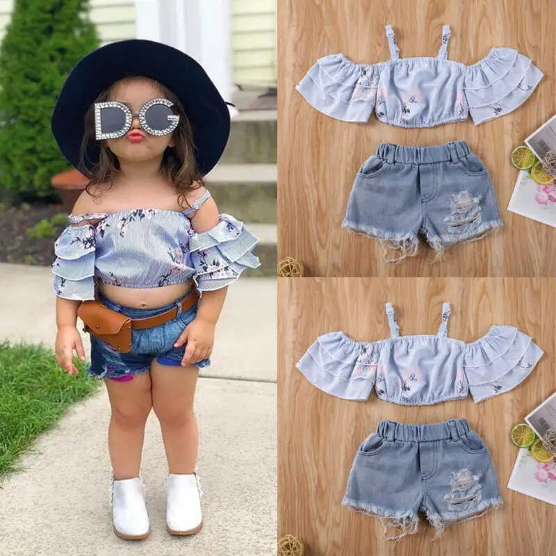 Summer Baby Sets Cute Kids Baby Girl Off Shoulder Ruffles Floral Printed Crop Tops T-Shirt Ripped Denim Shorts Outfit