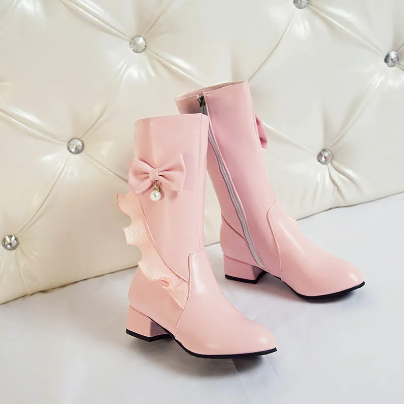 YQBTDL Winter 2023 Lovely Princess Chunky Heels Pink White Lolita Shoes Ruffles Bowtie Sweet Female Mid Long Riding Boots Party