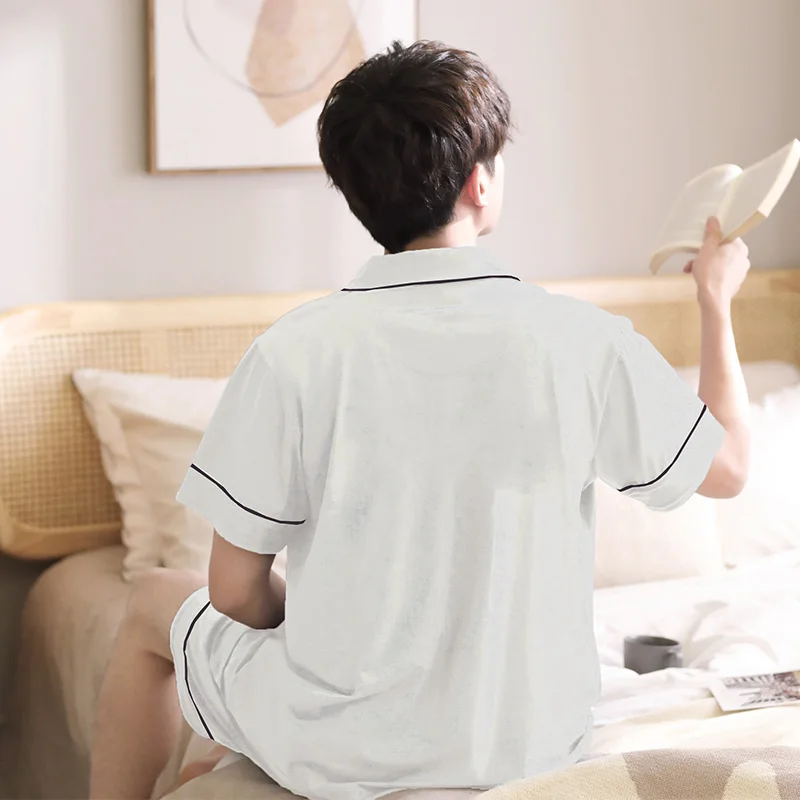 Summer Men Shorts Pajama Set Cotton Sleepwear White Pijama Hombre Nightwear 2Pcs PJ Home Clothes Cotton Pyjama Homme Plus Size