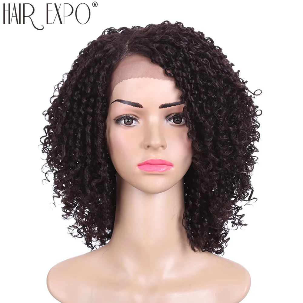 Kinky Curly Lace Part Wig para mulheres negras, cabelo preto curto sintético, resistente ao calor, parte lateral do cabelo, Expo City, 14\