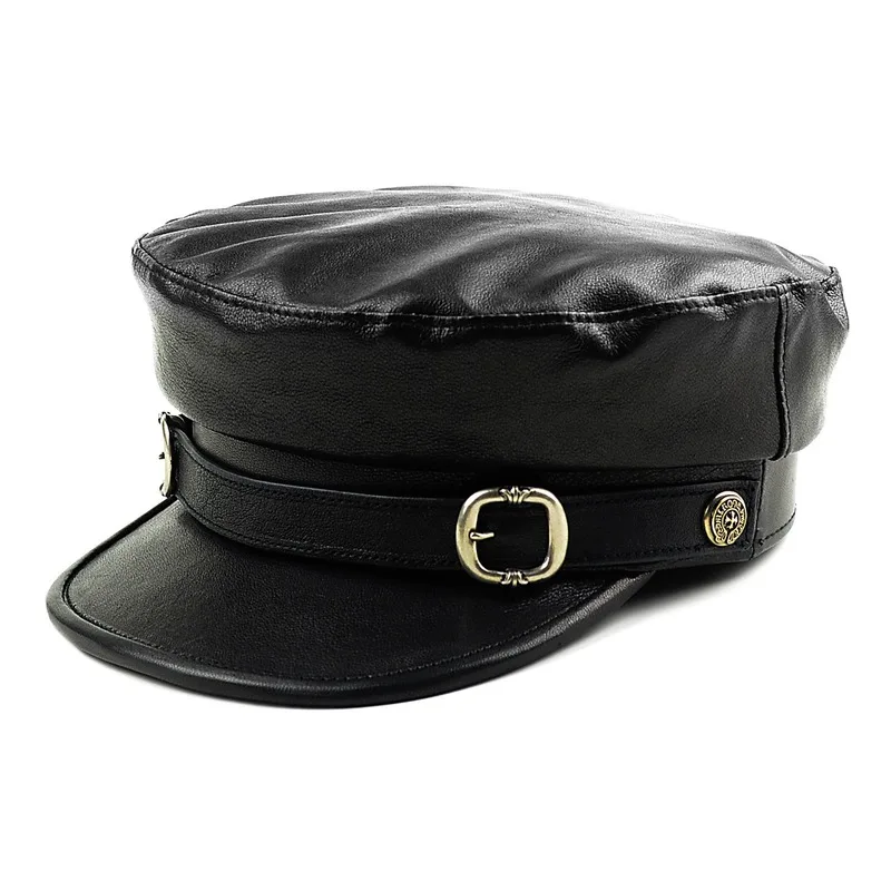 

H3518 Men Genuine Leather Military Hat Male Black Flat Top Fashion Cap Fall Winter Outdoor Warm High Quality Korean Simple Hats