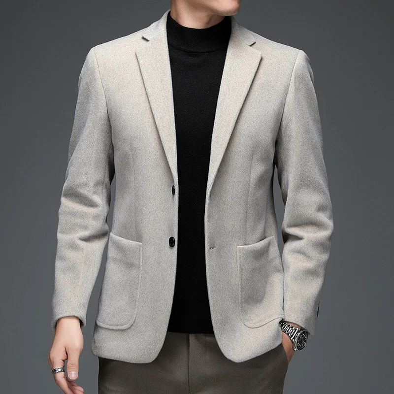 Autumn Winter Men Imitated Mink Wool Blazers Beige Black Smart Casual Suit Jacket Male Notched Collar Straight Business Outfits