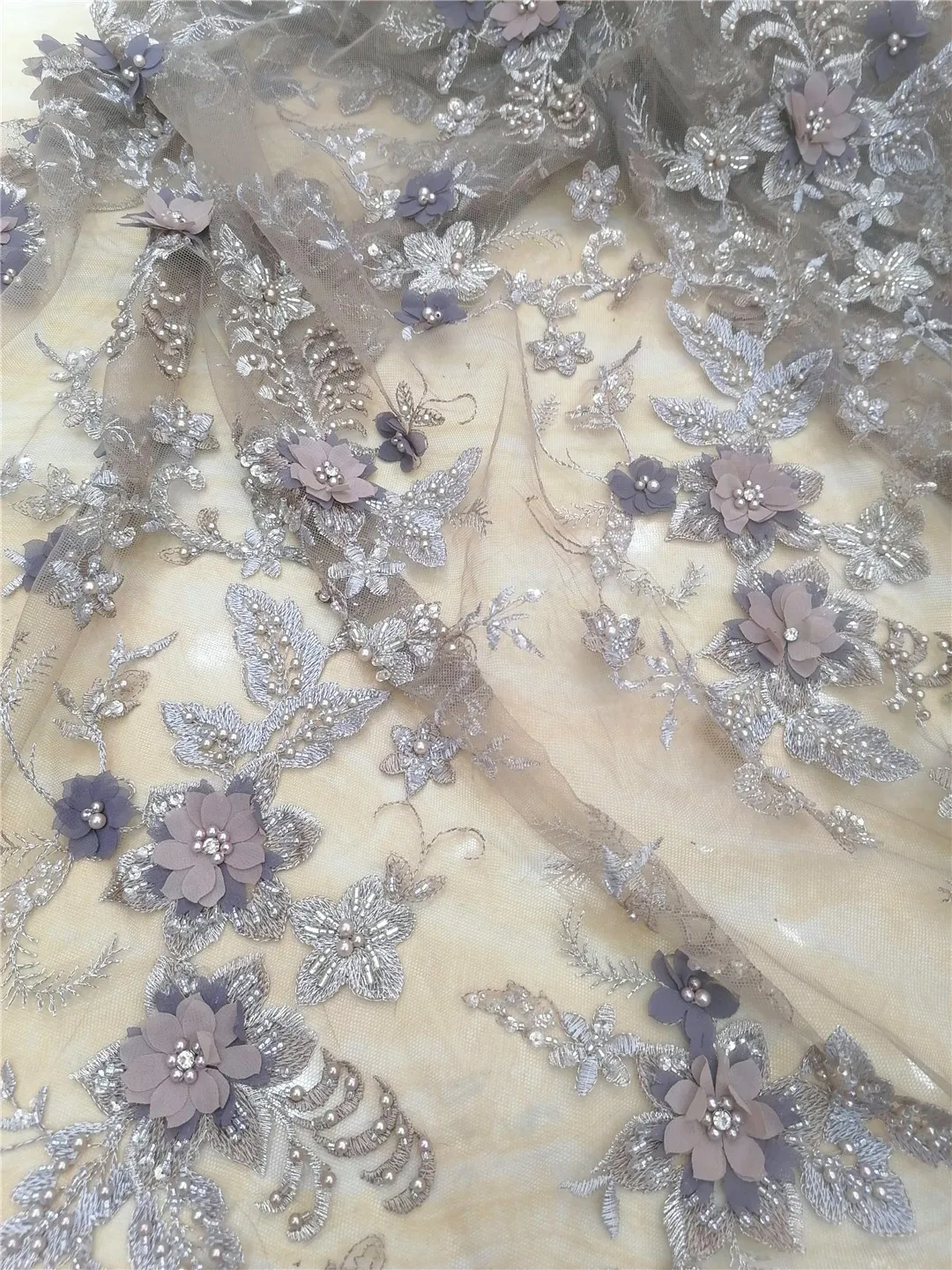 High quality handmade 3D flowers+ beads embroidery fabric French mesh yarn African fabric party dress evening dress 5yards