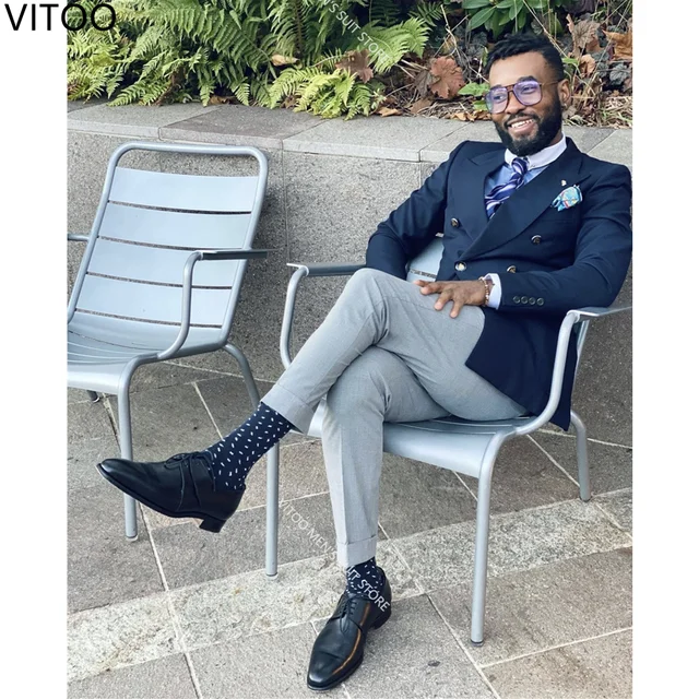 New 2 Piece Classic Navy Blue Double Breasted Blazer With Grey Pants Casual Men Suit Gentleman s Can Be Custom Made Latest Set Suits AliExpress