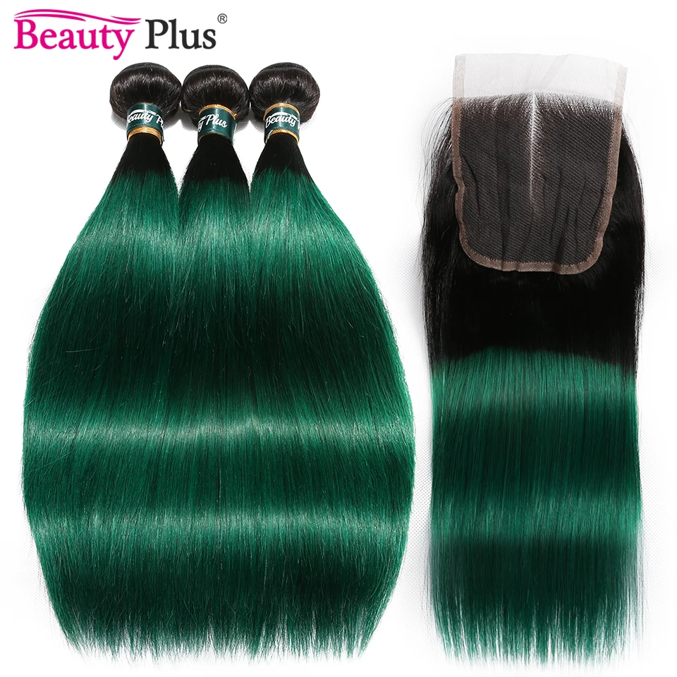 Teal Green Bundels Met Sluiting Ombre Menselijk Haar 3 Bundels Met Sluiting Remy Braziliaanse Steil Haar Weave En 4X4 Kant Sluitingen