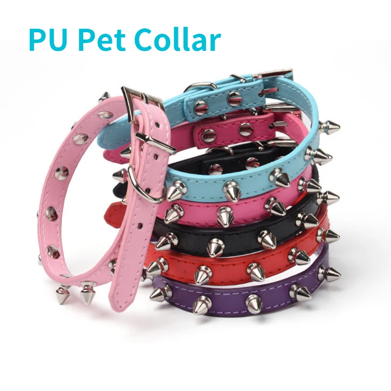 Anti Biting PU Dog Cat Collar Adjustable Electroplate Spiked Soft Comfortable Pet Collars For Small Dogs Walking Run Cats Chains