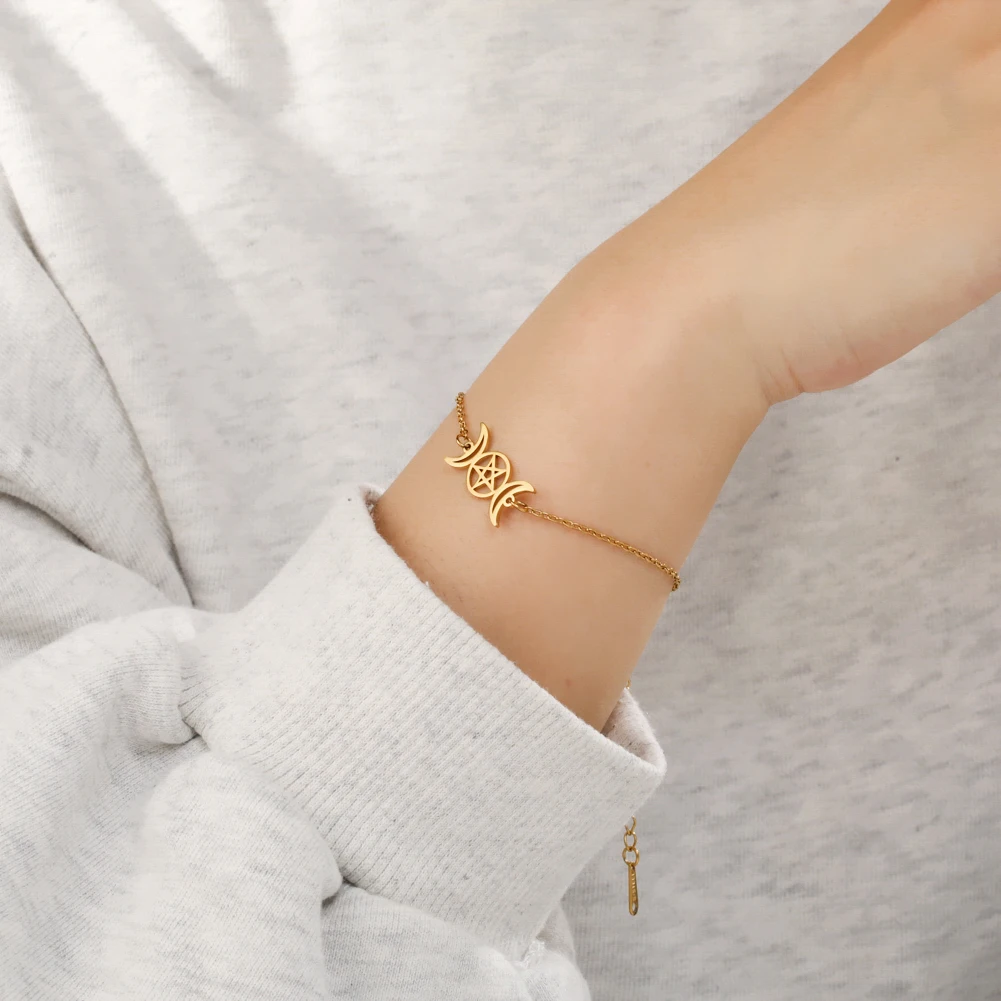 Dreifache Mondgöttin-Armbänder für Männer und Frauen, Edelstahl, Pentagramm, Wicca-Charm-Armbänder, magisches Pentagramm, Hexe, Schmuck, Geschenk – Detail 2