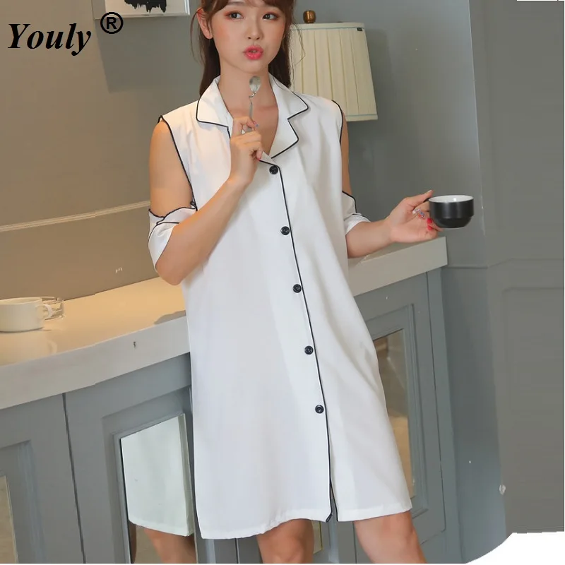 

White Strapless Nightdress Women 2021 Half Sleeve Strapless Casual Sexy Rayon Thin White Cardigan Shirt Sleepdress Nightwear