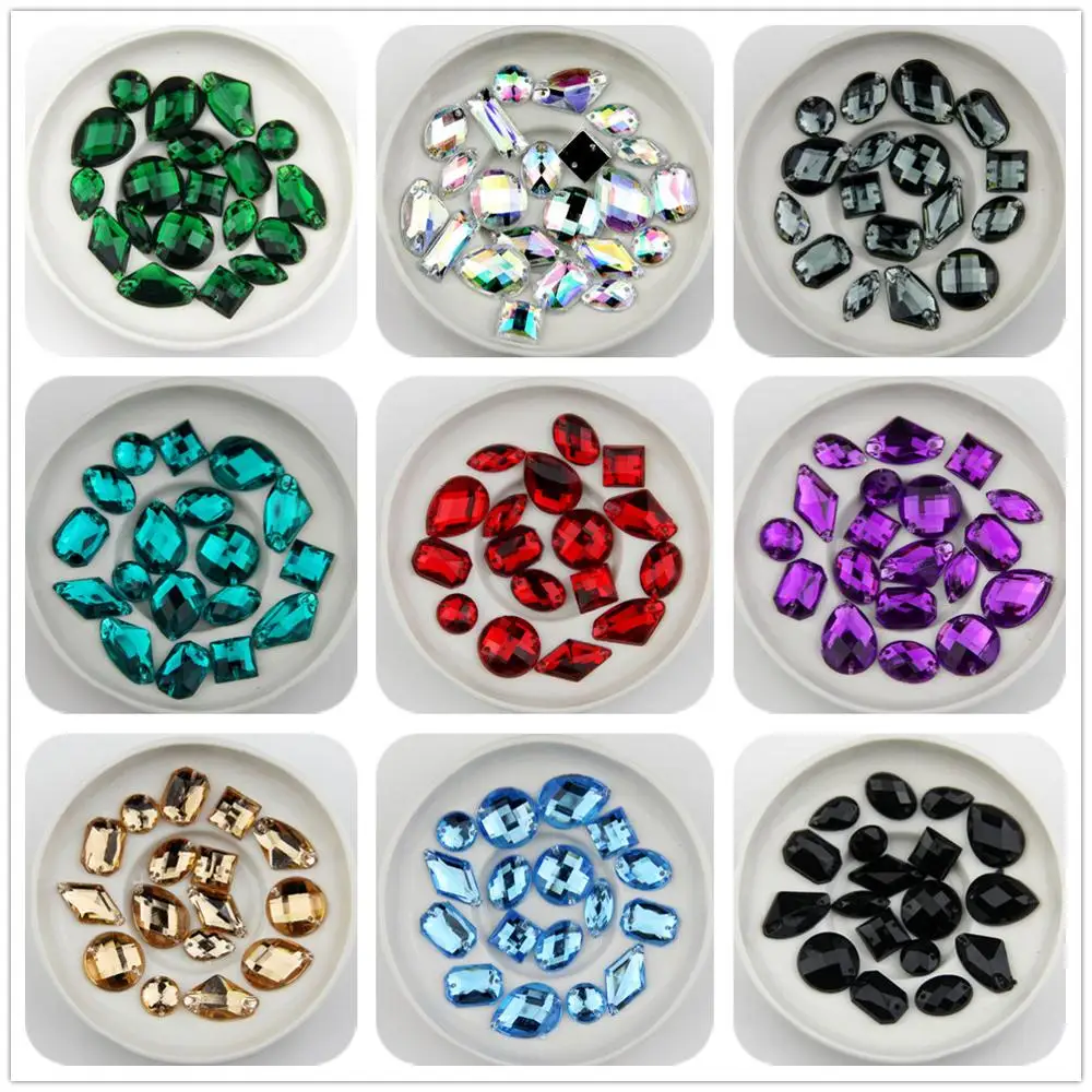 HOT mixed size 100PCS Red Color Superior Taiwan Acrylic Flat Back Stones mix Shape Acrylic Rhinestone Sew On 2 Holes gems DIY