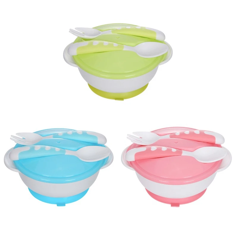 3PCS Baby Anti-slip Double Ear Sucker Feeding Bowl Lid+Spoon+Fork Toddler Kids Training Dishes Infant Food Supplement Tableware