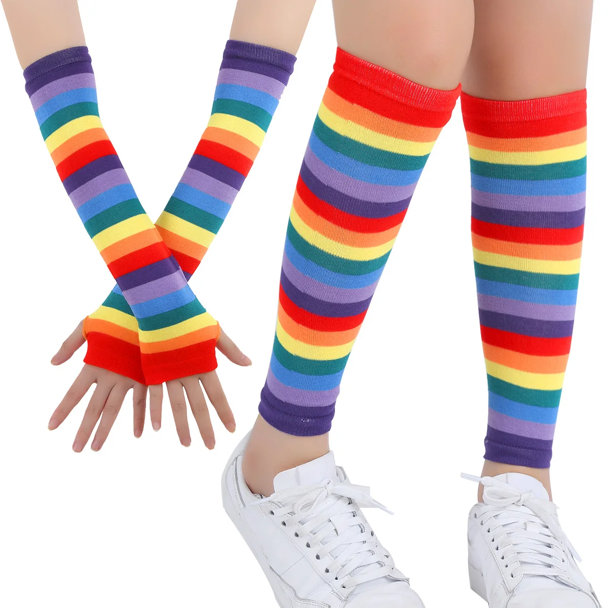 Women Funny Rainbow Striped Arm Warmer Gloves & Leg Warmers Halloween Costume Party Cosplay Striped Knee High Socks Gloves