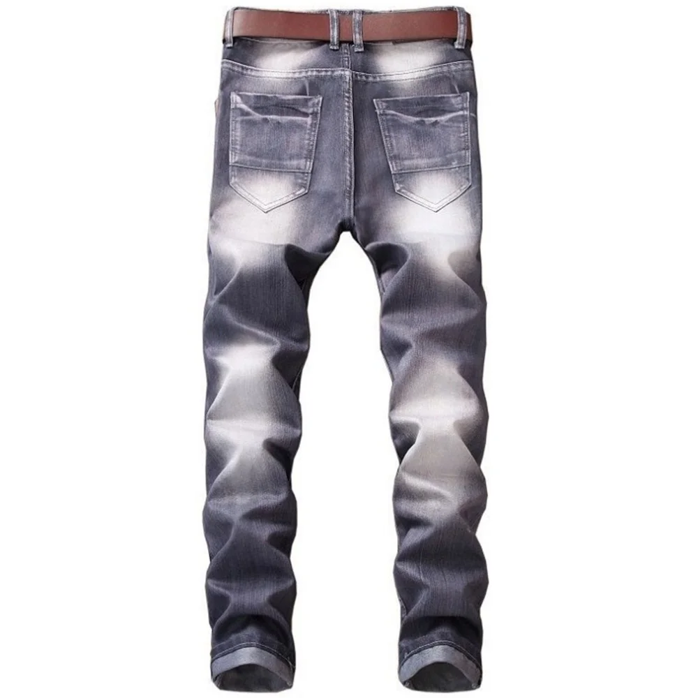 EH · MD® High Elastic Bleached Gray Jeans Men's Wavy Wrinkled Hole Patch Cotton Soft Small Straight High Street Slim Pants 2020