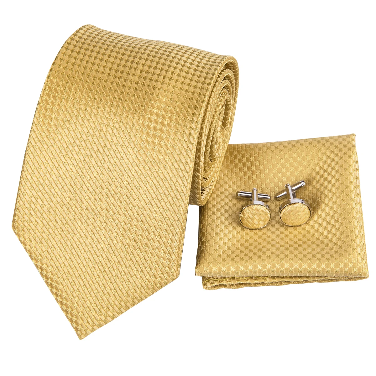 Hi-Tie Yellow Gold Plaid Men\'s Tie Set Silk Ties For Men Gold Ring Fashion Design Hanky Cufflinks Set Wedding Quality Necktie