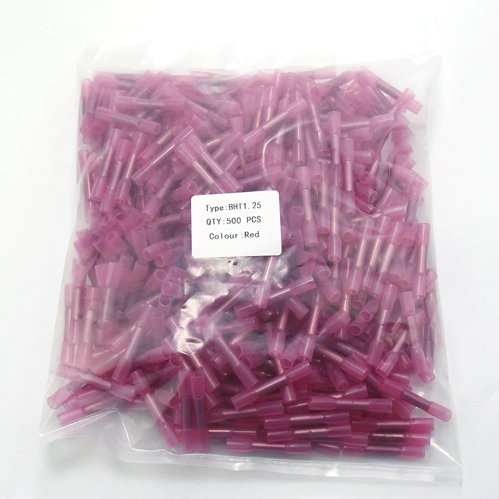 

500pcs BHT1.25 Red Heat Shrink Butt Wire Connectors 22-18 AWG Insulated Waterproof Crimp Terminals