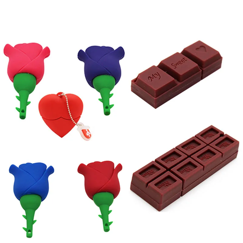 Cartoon Red heart Love Rose Chocolate model usb2.0 4GB 8GB 16GB 32GB 64GB pen drive USB Flash Drive Gift for girlfriend