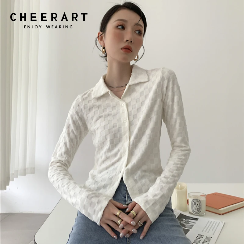 

CHEERART, клетчатая белая рубашка на пуговицах для женщин, Топ с длинным рукавом и блузка, осенняя модная Облегающая рубашка с воротником, 2021, трендовый Топ