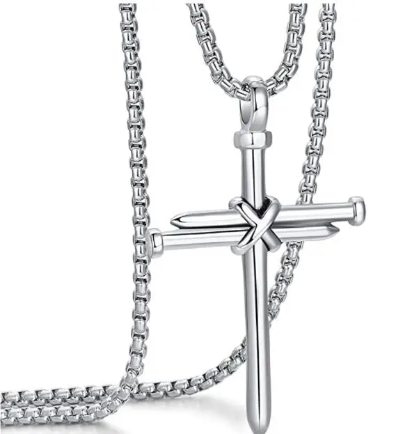 Men's Stainless Steel Nail Cross Pendant Necklace with 3mm 24 Inch Rolo Chain