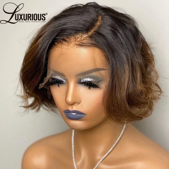 Ombre # 1B Kahverengi Kısa Peri Kesim Peruk Kadınlar Için İnsan Saç 150 Yoğunluk Dalgalı Bal Sarışın Dantel Ön Bob Peruk Brezilyalı Remy Saç