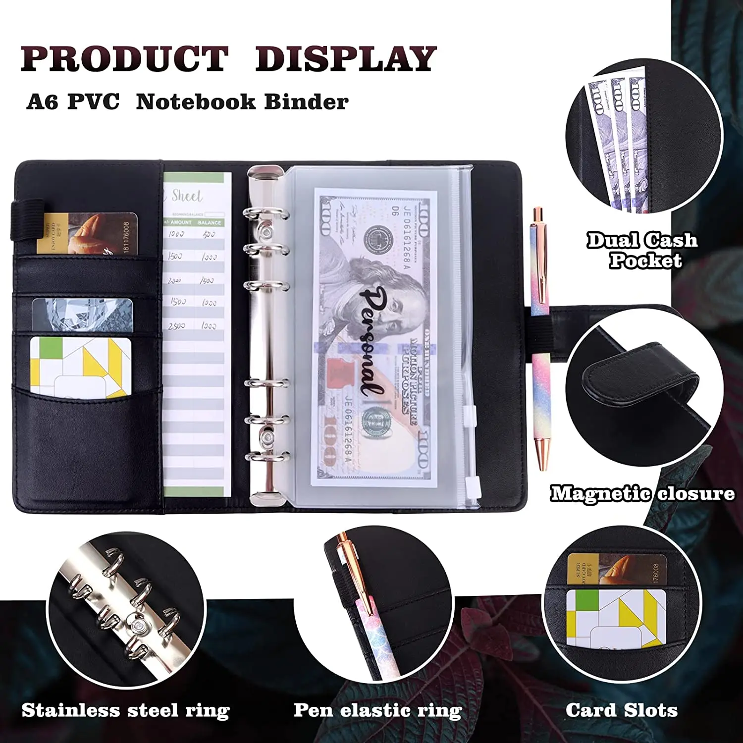 A6 PU Leather Notebook Binder Budget Planner Organizer with 12 Binder Pockets 50 Loose Leaf Paper 26 Categories Letter Sticker