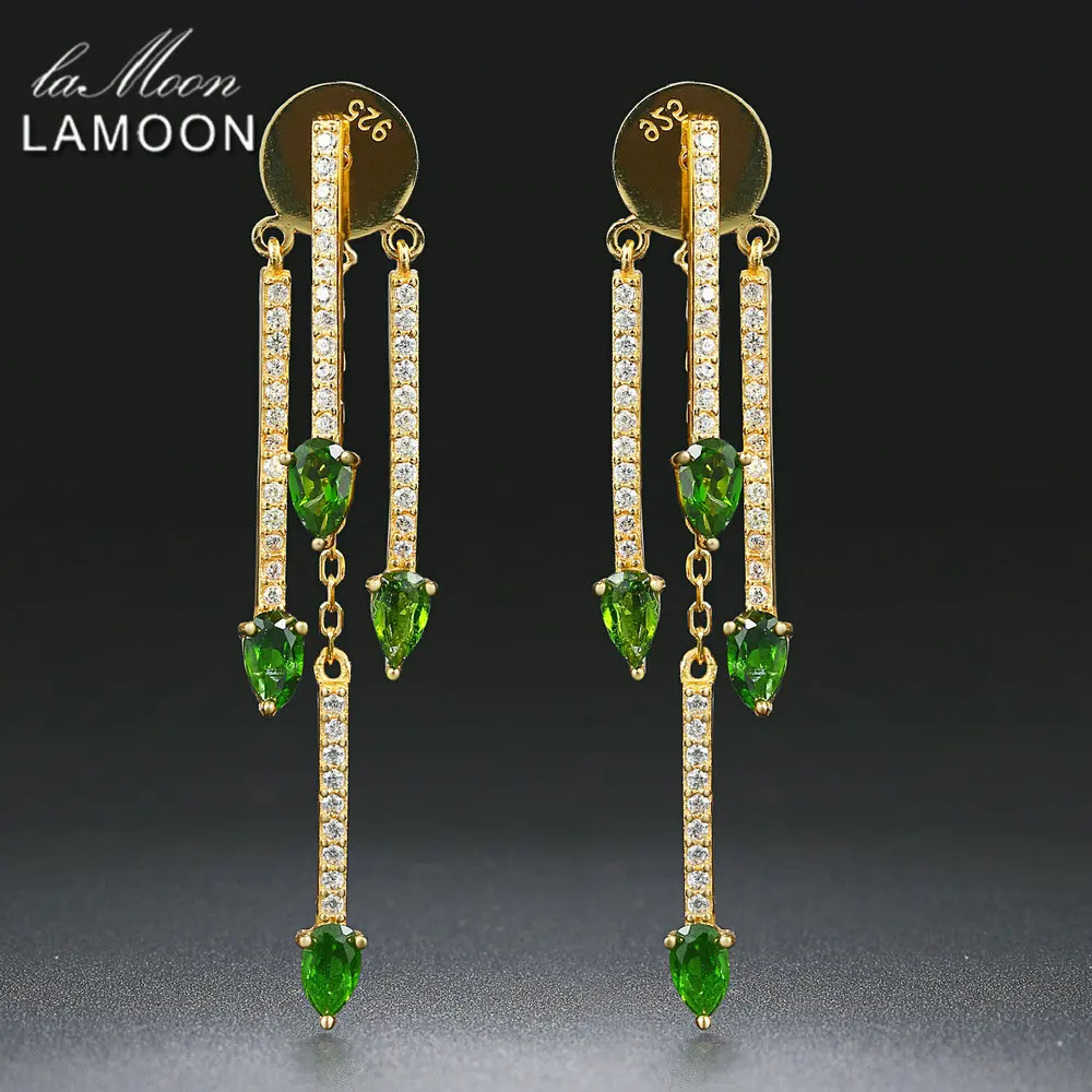 LAMOON Drop Earrings For Women Natrual Tear Drop Diopside 925 sterling silver 14K Yellow Gold Color S925 Fine jewelry LMEI058