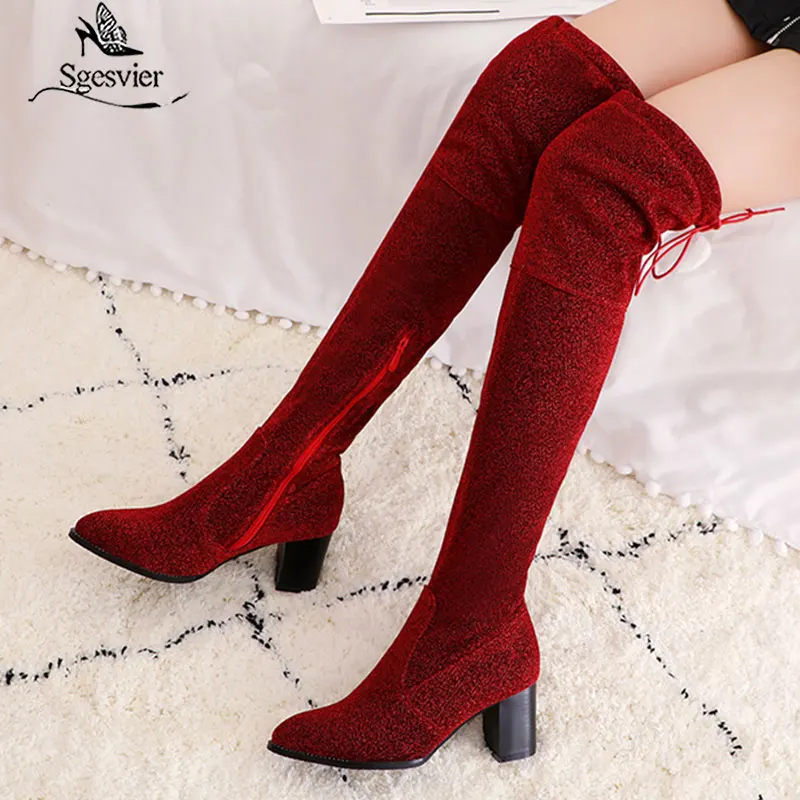 

Sgesvier Size 34-43 Women Winter High Boots Warm Fur Women High Boots Silver Blue Strength Over the Knee Boots thick heel