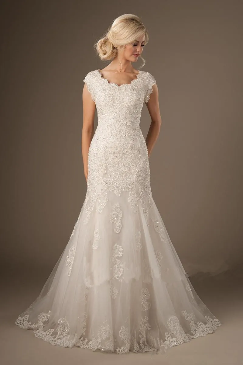 Robe de mariée sirène en dentelle perlée, avec cape, manches, col rond, en Tulle, sur mesure, de luxe