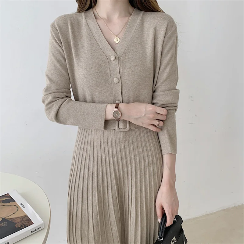 Croysier Dresses For Women 2021 Fashion V Neck Long Sleeve Belted Knitted Dress Autumn Winter Button Elegant Pleated Midi Dress