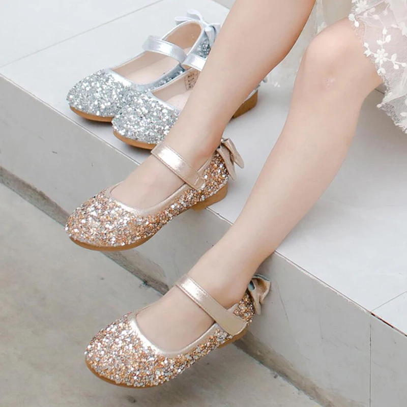 Children\'s Little Girls Glitter Sequins Gold Silver Princess Shoes For Toddler Baby Kids Wedding Party Mary Jane Dress Shoes New