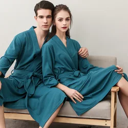 Peignoir long vert pour couple, robe gaufrée, pyjama doux à col en V, séchage rapide, vêtements de nuit décontractés, pyjama de bain, 3XL, printemps, automne, nouveau