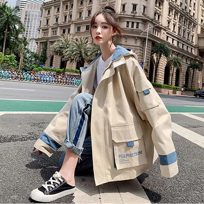 

2023 Fashion Tooling Windbreaker For Women Clothing Korean Spring Autumn BF Cardigan Trench Coats Female Hooded Outerwear b57