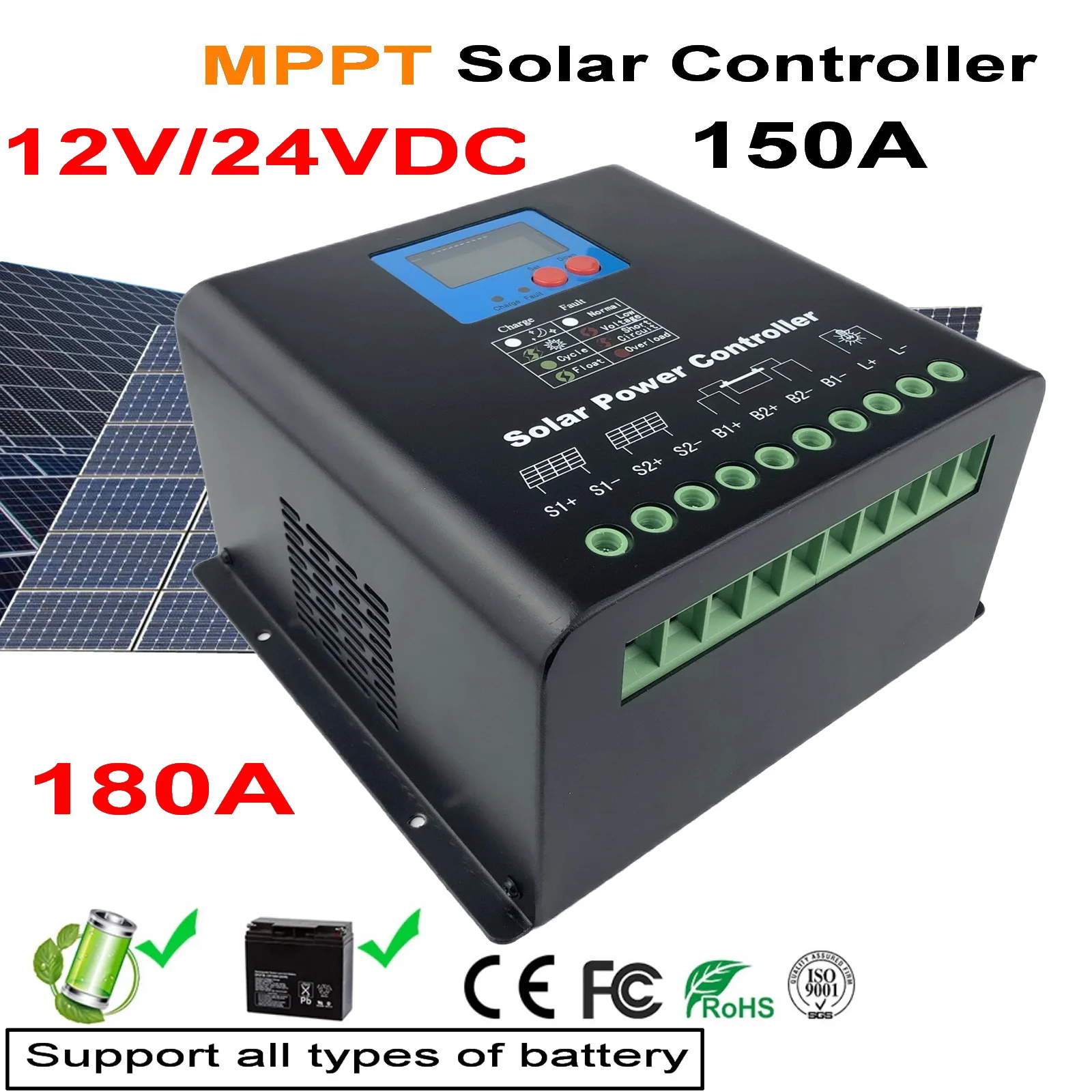 150A 180A 12V/24V Auto Solar Panel Battery Charge Controller MPPT LCD Display Solar Collector Two cooling fans