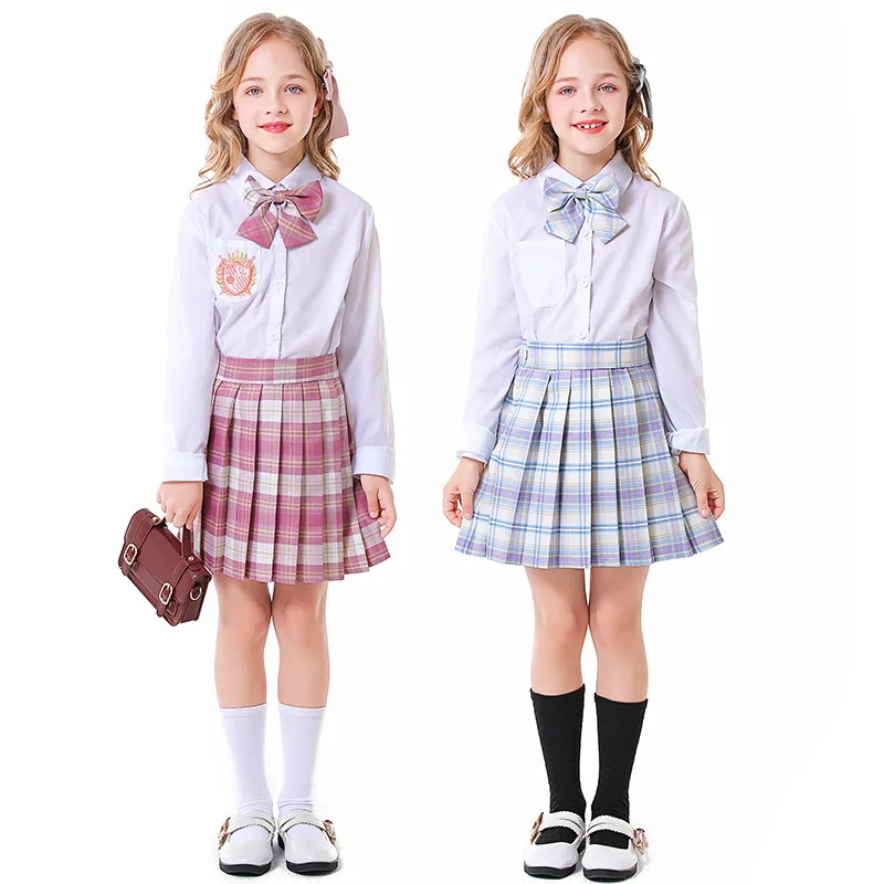 Blauwe Plaid Top + Rokken School Meisje Cosplay Kids Kinderen Halloween Student Uniform Kostuum Carnaval Purim Rollenspel Party Dress