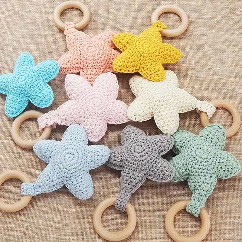 Chenkai 1PCS Crochet Star Nature Wood Ring Pacifier Dummy Teether Grasper DIY Infant Sensory Bite Jewelry Baby Teethering Toy