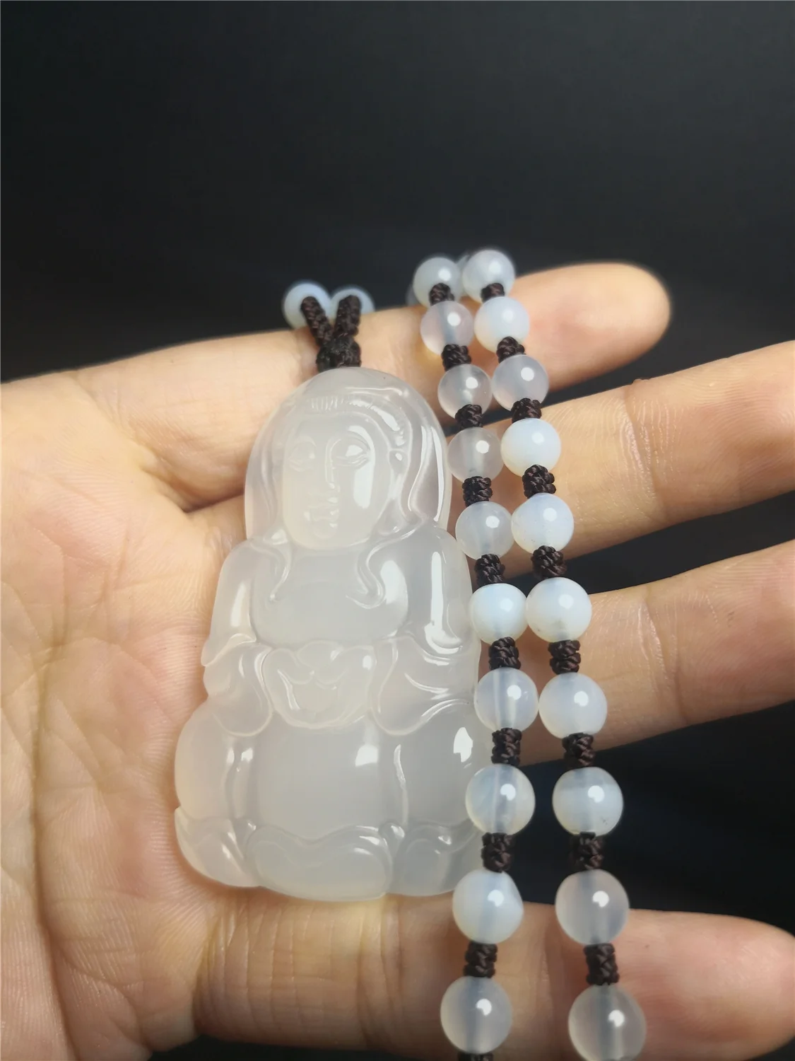 Natural Hand-woven Rope Carved White Chalcedony Patron Saint Pendant Necklace