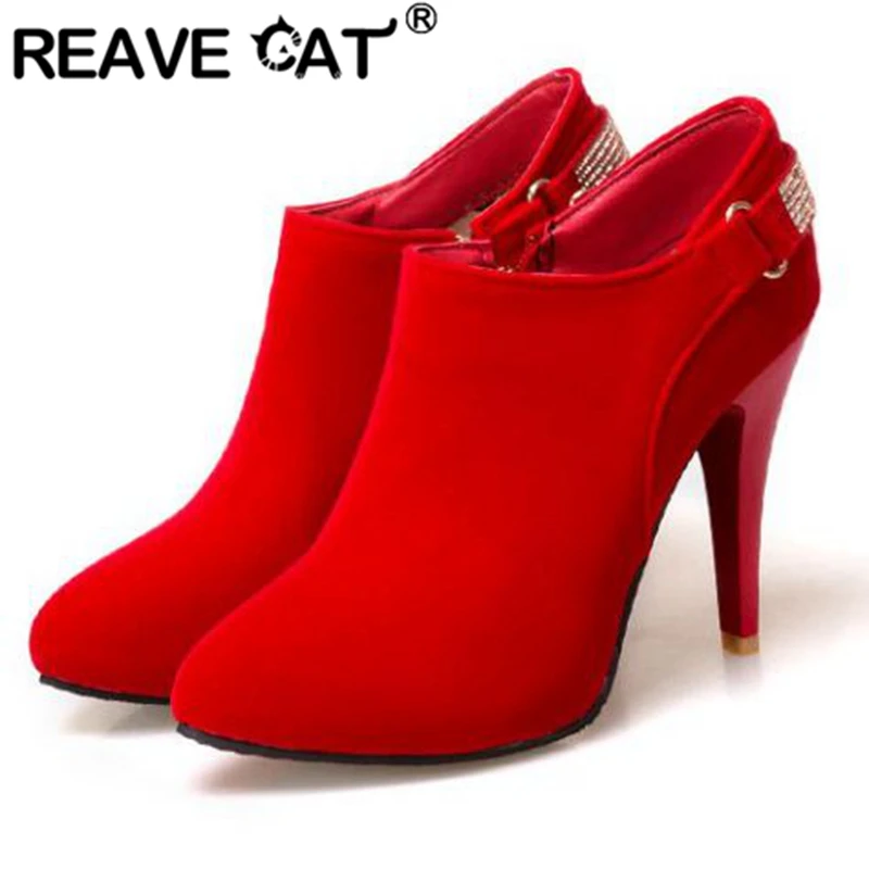 REAVE CAT Woman Ankle Boots Pointed Toe Thin Heels Flock Suede Leather Zipper Rhinestone Big Size 31-50 Weeding Blue Black S2686