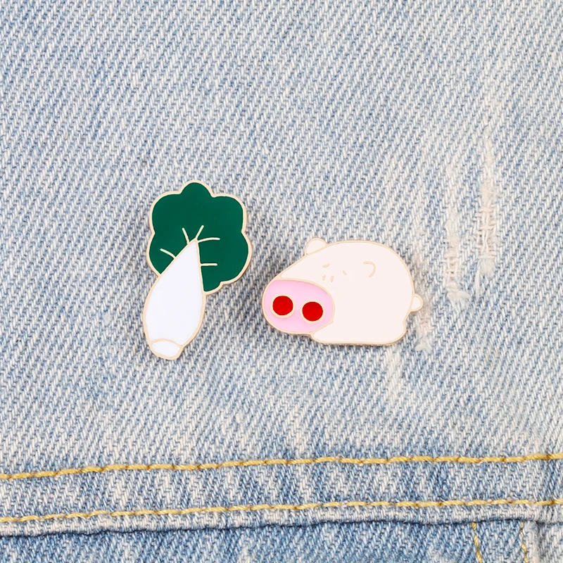 Cute Pig and Cabbage Enamel Pins Cartoon Vegetables Plant Animal Brooch BackPack Clothes Lapel Pin Metal Badge Kids Jewelry Gift