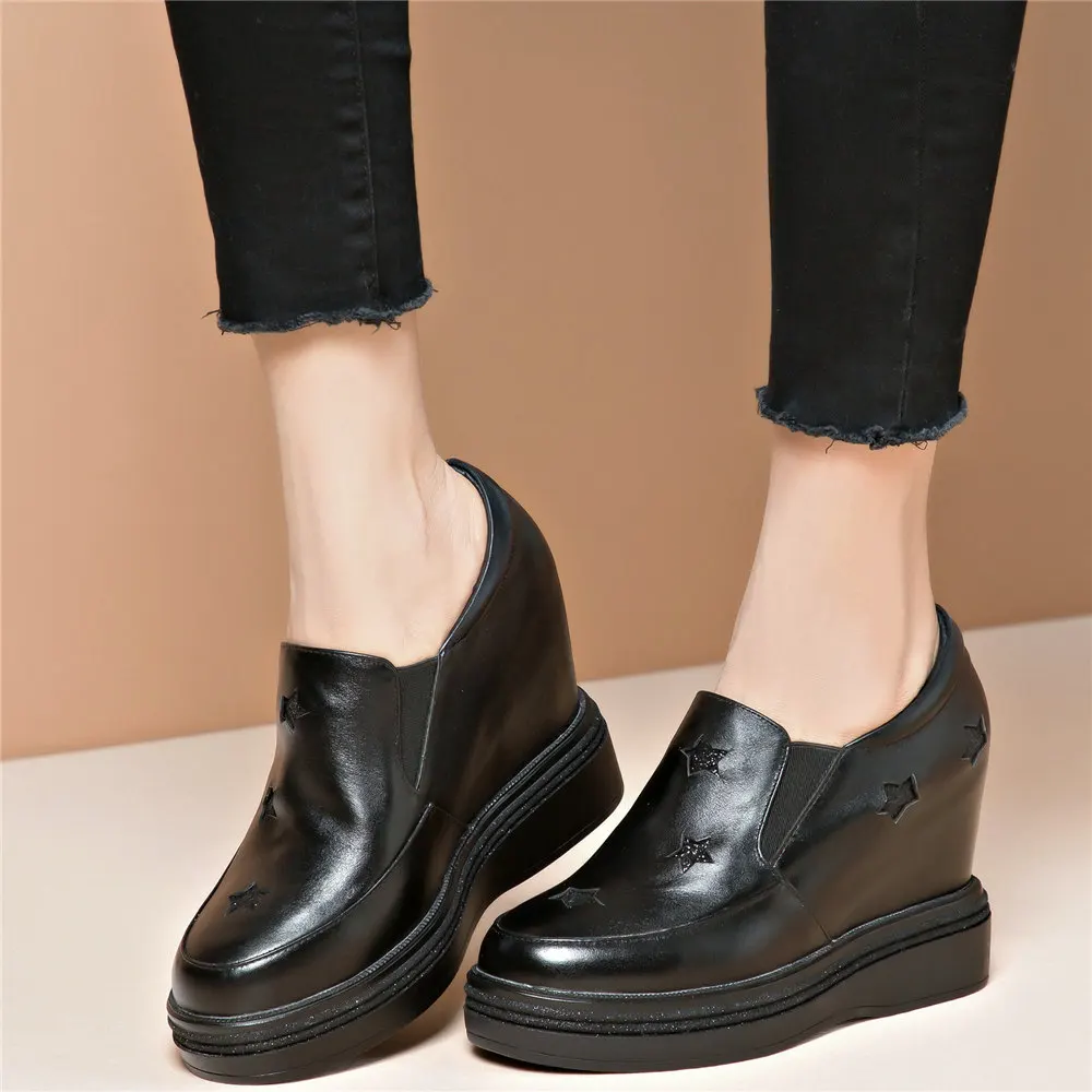 

Shoes Women Genuine Leather Wedges High Heel Pumps Female Round Toe Fashion Sneakers Chunky Platform Oxfords Shoes Casual Shoes