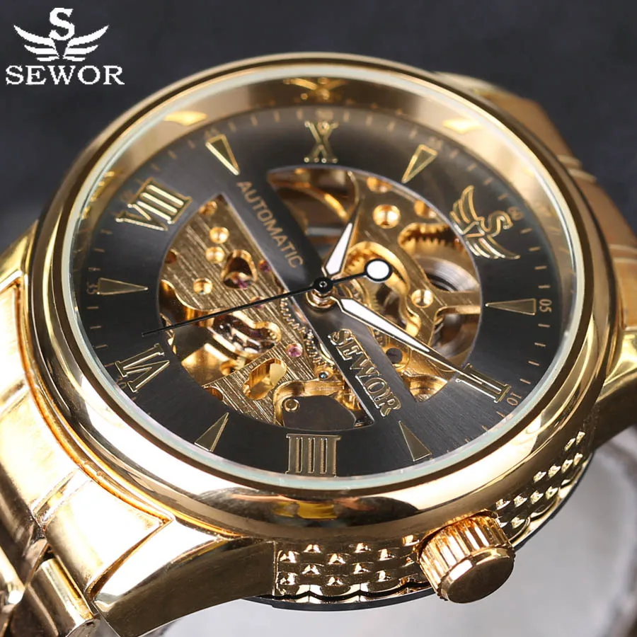 

Top Brand SEWOR Watches Men Automatic Mechanical Wristwatches Luxury Gold Stainless Steel Men's Watches Clock Relogio Masculino