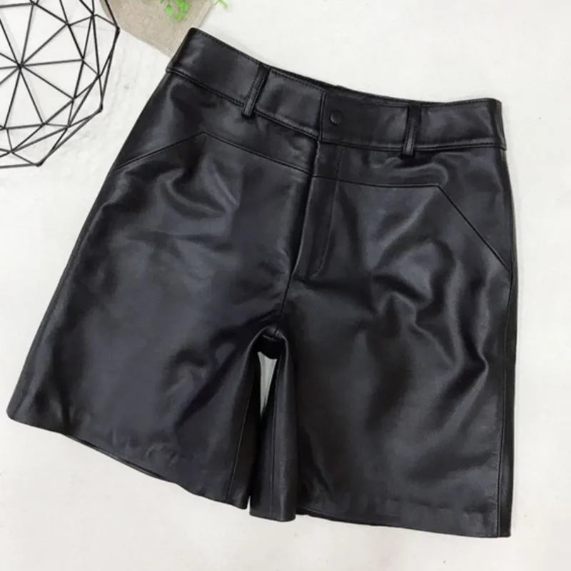 Fashion Casual Knee Length Shorts Women Loose Fit High Waist Sheepskin Genuine Leather Shorts Joggers Short Trousers Female 3XL