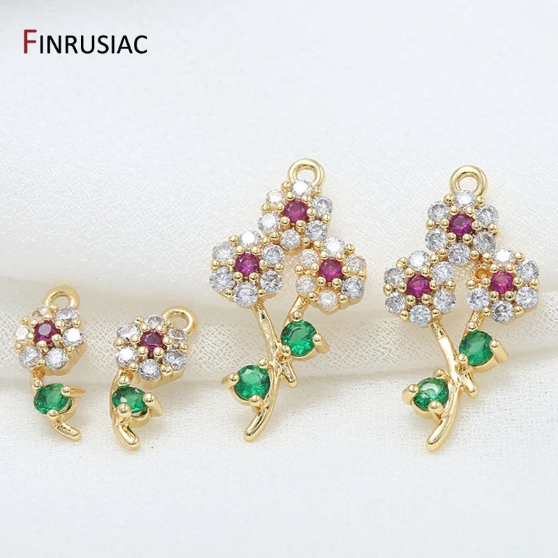 Jewelry Making Supplies 14k Gold Plated Zircon Bouquet Flower Pendants Charms For DIY Earrings Necklaces Fittings Wholesale