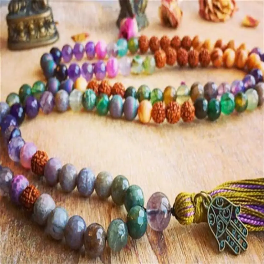 8mm Color 7 Chakra Gemstone Rudraksha Mala Necklace Tassel natural Sutra yoga Fancy Hot Meditation Wristband Handmade Unisex