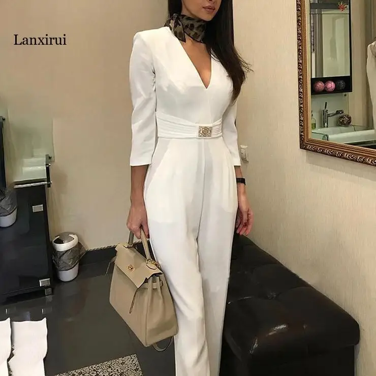 Summer Elegant Jumpsuit Women Party Slim Solid White Sexy Deep V-neck Three Quarterpocket Straight Long Jumpsuits