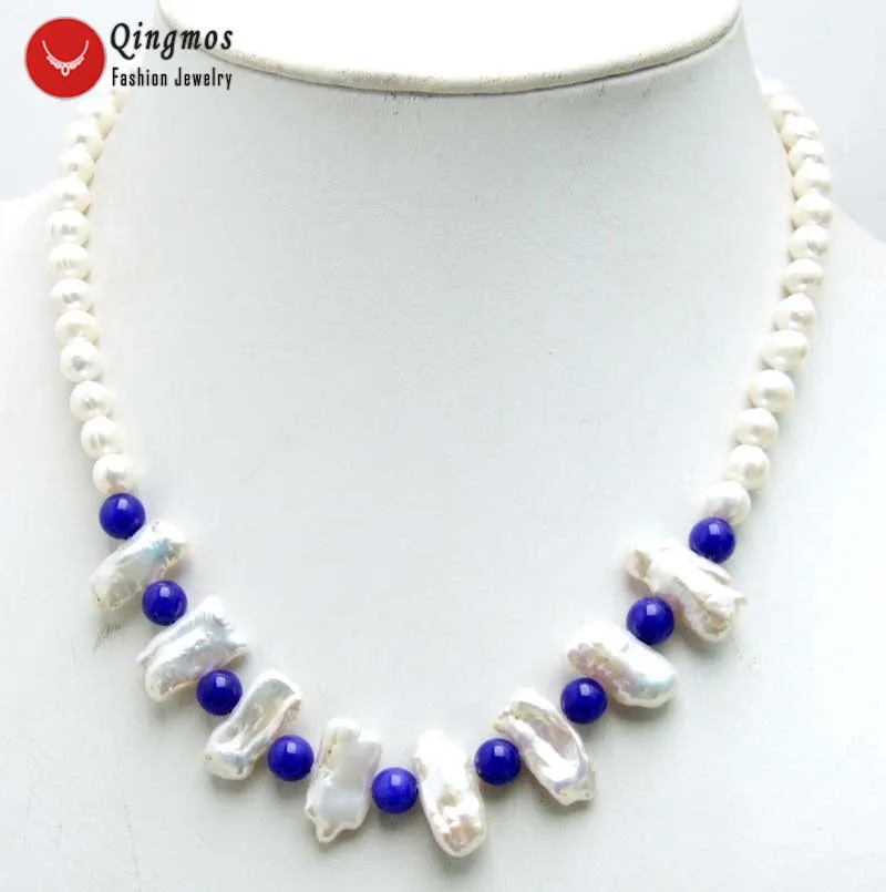 

Qingmos Natural 20mm Biwa White Pearl Pendant Necklace for Women with 6-7mm Round White Pearl & Blue Jades Necklace 17'' Chokers