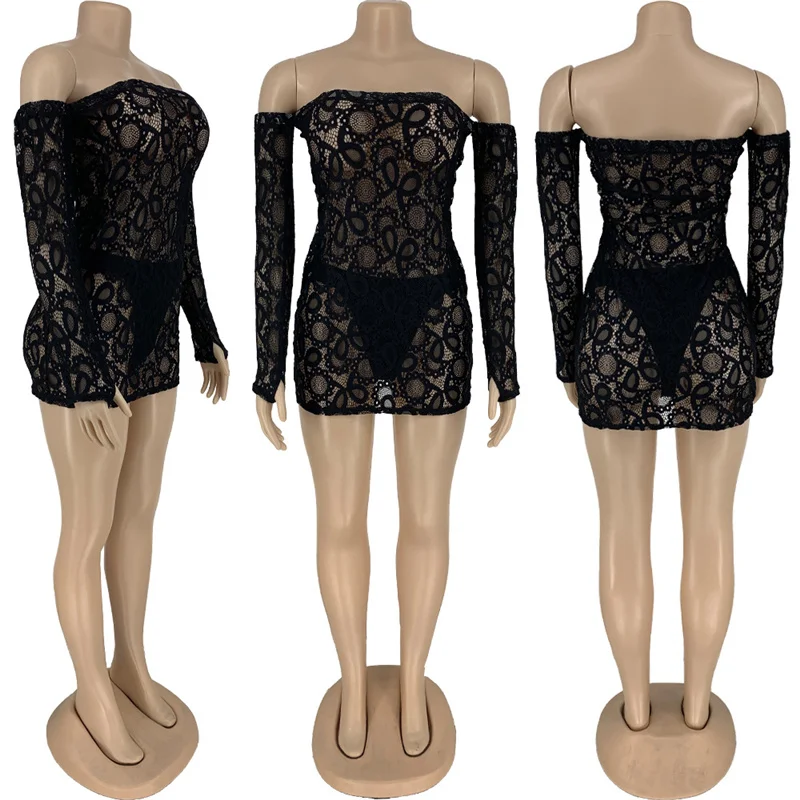 Sexy Sheer Mesh Bodycon Dress Birthday Party Club Outfits for Women Floral Lace Off Shoulder Strapless Long Sleeve Mini Dress