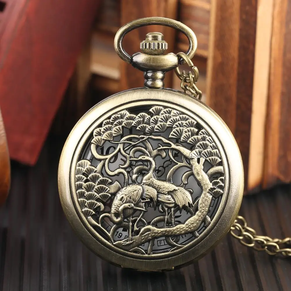 Vintage Bronze Hollow Crane & Pine Quartz Pocket Watch Necklace Women Men Fob Watches Necklace Sweater Pendant Chain reloj