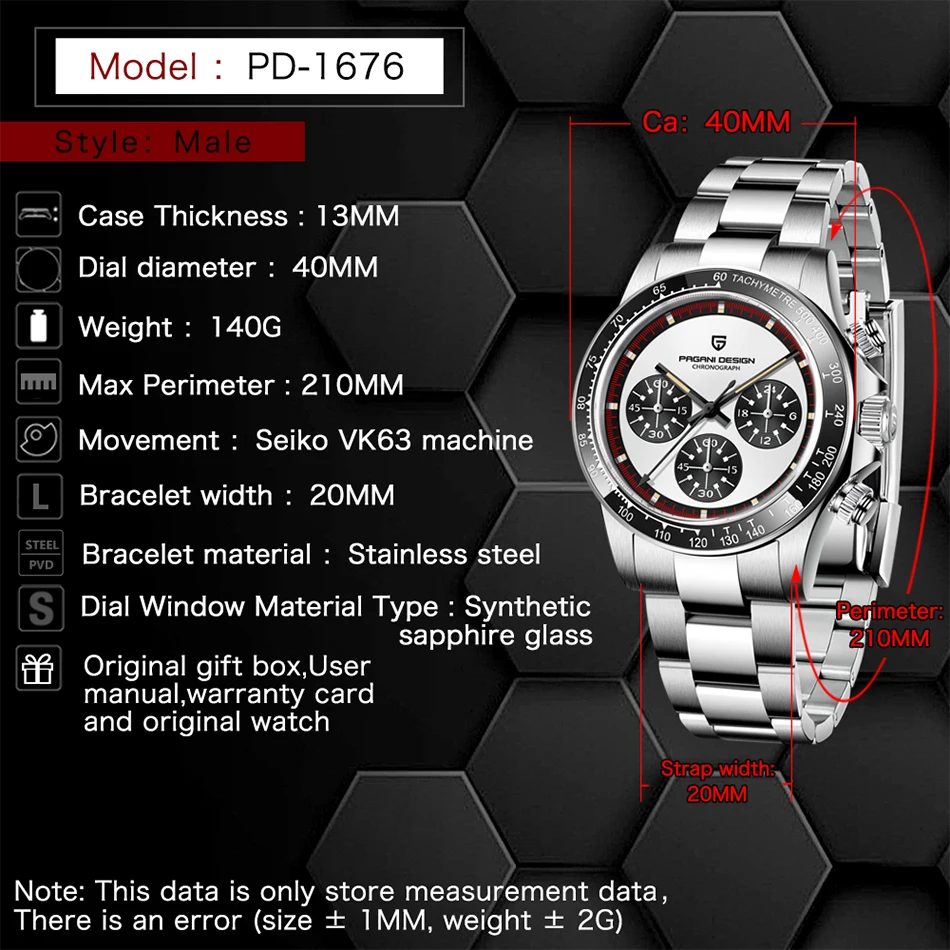 PAGANI DESIGN 2024 New Casual Quartz Watches VK63 Movement Stainless Steel Sapphire Glass Mirror Water Resistant Chronograph Men