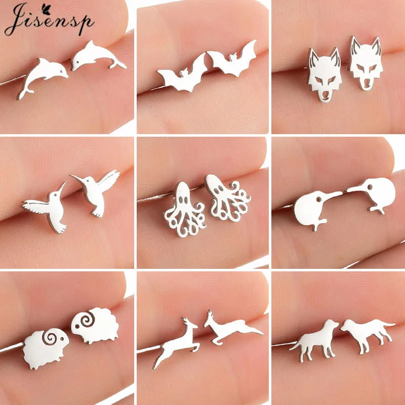 Lovely Stainless Steel Animal Earrings for Women Children Jewelry Trendy Dolphin Hummingbird Deer Bat Stud Earing Xmas Accessory