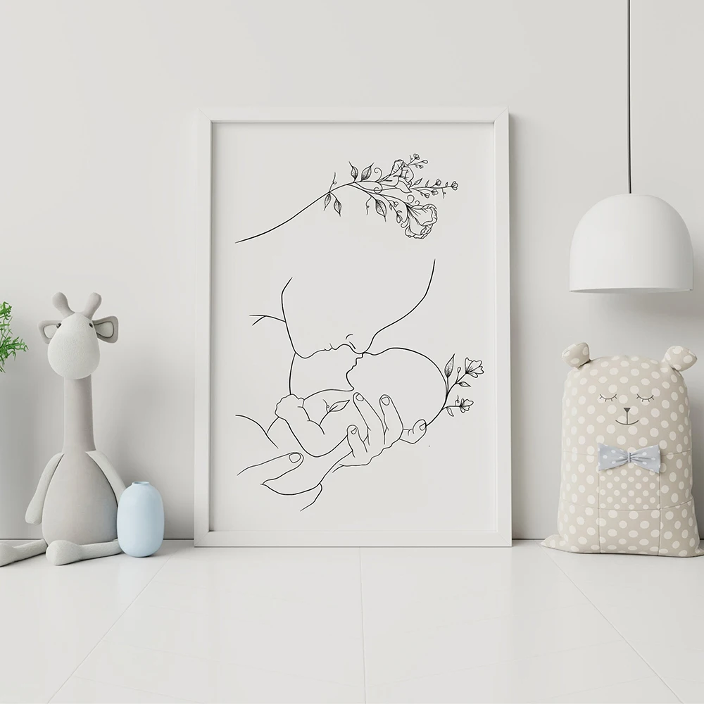 Mutter und Baby Kind Kunst Strichzeichnung Poster abstrakte minimalistische Wandkunst Leinwanddruck Malerei Kinderzimmer dekorative Bilder